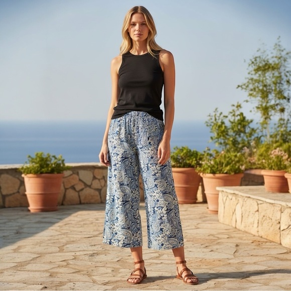 J. Jill Pants - J. Jill Blue & White Paisley Wide-Leg Ankle Pants Rayon Size M Boho Chic